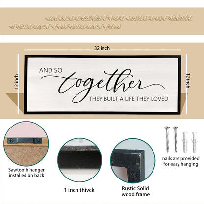 And So Together They Built A Life They Loved Framed Wood Farmhouse Sign - 32'X12' Master Bedroom Above Bed Wall Art for Love Sign Decor (Black)