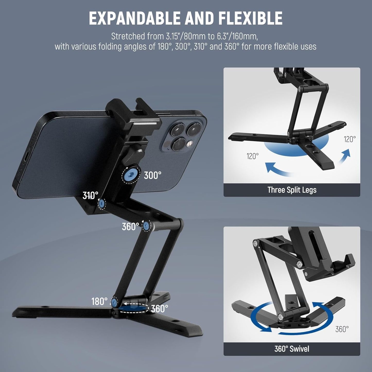 NEEWER Phone Tripod Mount with Cold Shoes, Metal Smartphone Adapter Compatible with iPhone, Multi Angle Tri Fold Cell Phone Holder, Handheld Grip for Streaming Vlog SP-04