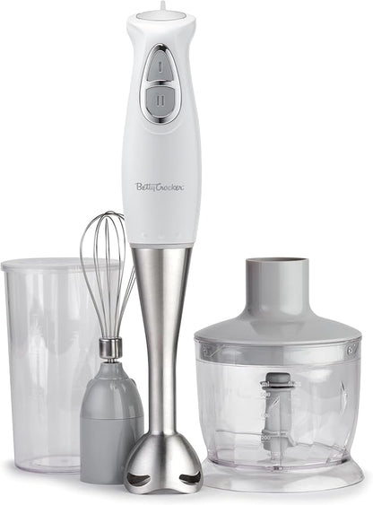 BETTY CROCKER Immersion Blender for Home & Kitchen, 2-Speed Hand Mixer Electric Handheld with Stainless Steel Blade, Beaker & Whisk, 250W Portable Blender with Ergonomic Handle, White