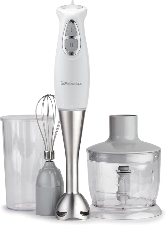 BETTY CROCKER Immersion Blender for Home & Kitchen, 2-Speed Hand Mixer Electric Handheld with Stainless Steel Blade, Beaker & Whisk, 250W Portable Blender with Ergonomic Handle, White