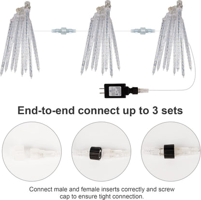 WATERGLIDE Meteor Shower Lights, 12" Outdoor Icicle Christmas Lights 8 Icicles 192 SMD LED Crystal Ice Falling Light, Connectable Raindrop Light, Xmas Winter Party Tree Holiday Decor, Multicolor