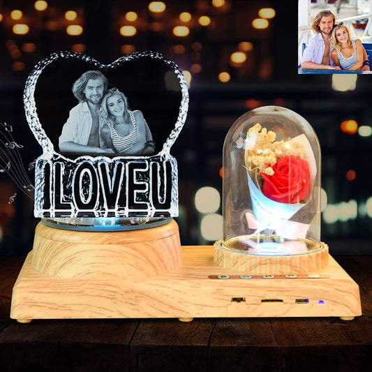 I Love U Photo Custom Night Light Rose Flower Bouquet Personalized 3D Crystal Lamp 7 Color Light Bluetooth Rotation Crystal Photo Frame Best Gift for Couple Love Women Men Wedding Christmas
