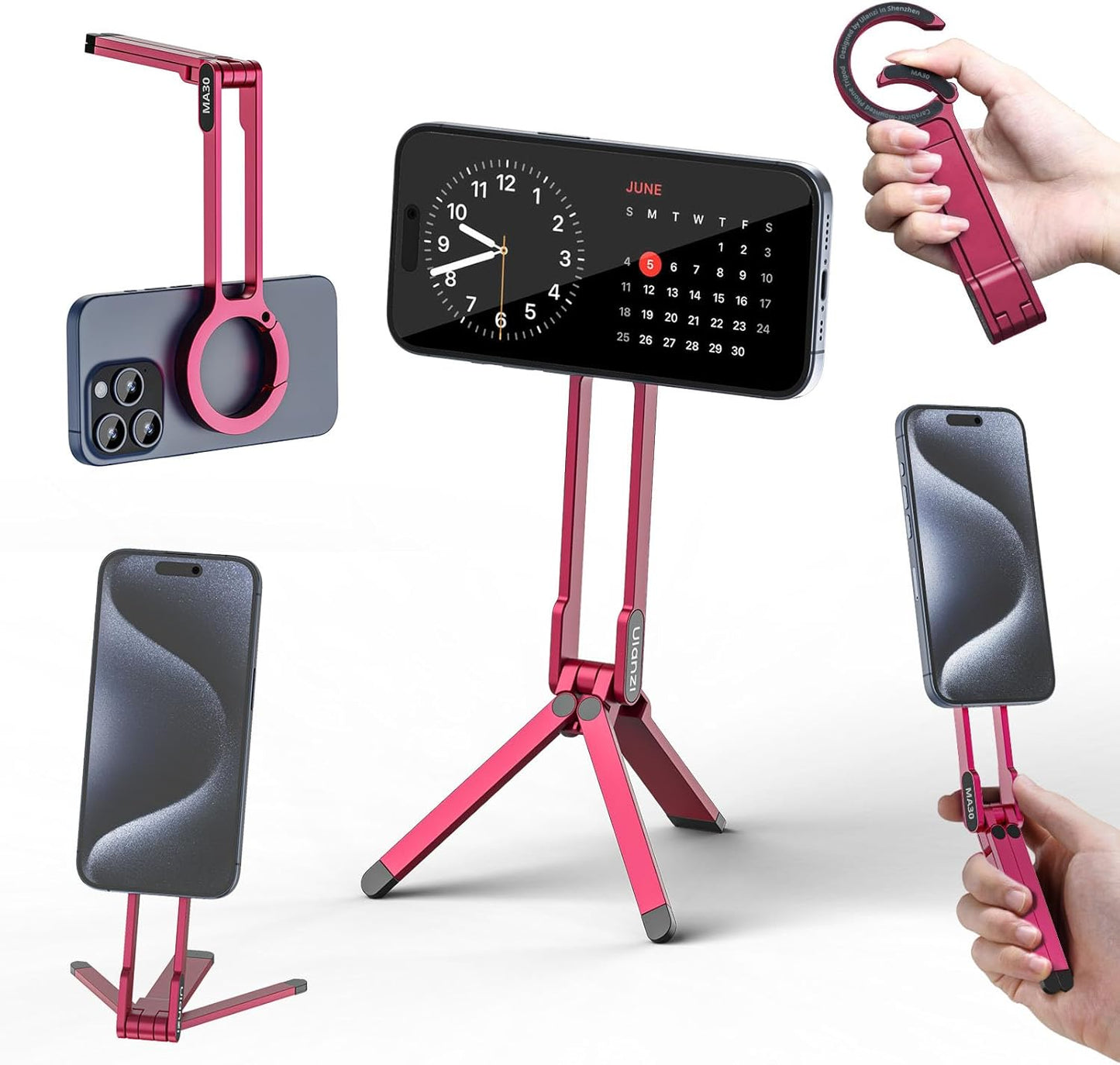 ULANZI MA30 Magnetic Phone Tripod Stand for iPhone - Aluminium Maglock Smartphone Mini Tripod Pocket Cell Phone Stand Strong Magnet Quick Mount Compatible with iPhone 16 15 14 13 12 Series, Red