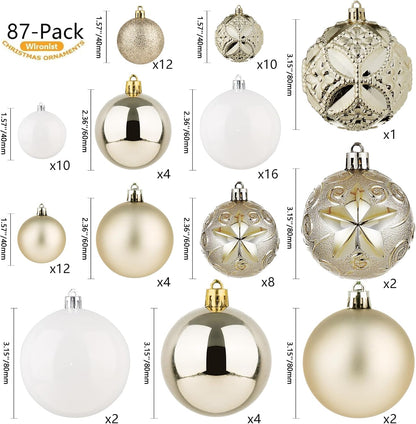 87-Pack Shatterproof Christmas Ball Ornaments Set, Christmas Tree Decorations with Hand-held Gift Package for Xmas Tree Holiday Wedding Party, Champagne