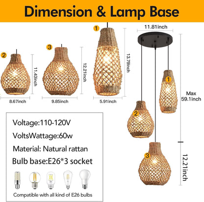 Boho Rattan Pendant Light,3 Light Coastal Woven Wicker Ceiling Hanging Farmhouse Chandelier for Kitchen Island Living Room Dining Room