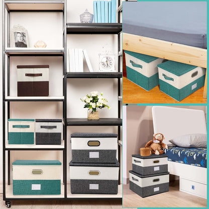Large Linen Fabric Foldable Storage Bins with Removable Lid and Handles, Washable Storage Box Organizer Containers Baskets Cube with Cover for Bedroom,Closet,Office (Turquoise&Cream, Large)