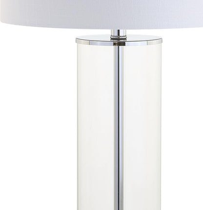 JONATHAN Y 29" Clear/Chrome Modern Glass Table Lamp for Living Room Bedroom, Minimalist Nightstand Bedside Lamp, White Linen Drum Shade, LED Bulb Included JYL2004A