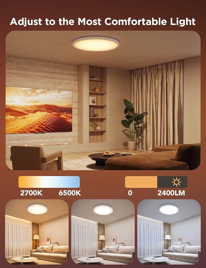 Govee Smart Ceiling Light, RGBIC LED Ceiling Light Fixture, 2400LM Flush Mount Light Fixture, DIY Colors, 12 Inch, 1 Pack (White 2 Packs)
