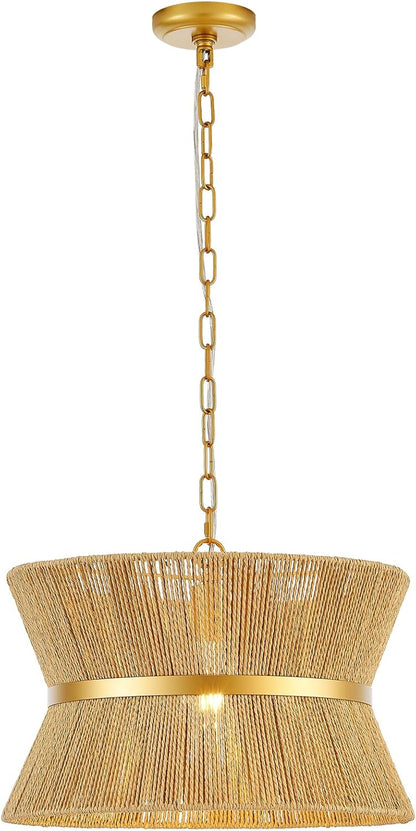 18” Hand Woven Rattan Boho Chandelier Brass Ajustable Pendant Light for Kitchen Island Living Room Bedroom Hallway, UL Listed
