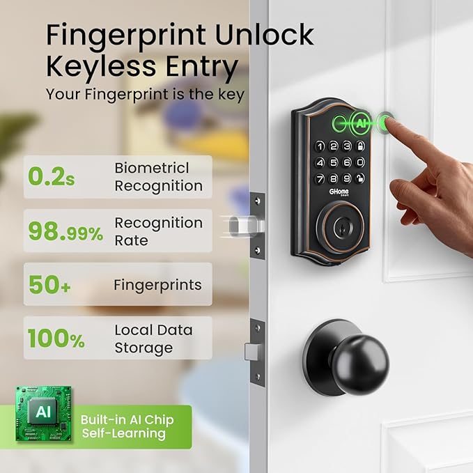 GHome Smart Deadbolt Lock, Fingerprint Code Keyless Entry Door Lock for Front Door, Auto Lock, App Control, Digital Keypad deadbolt, Smart Door Lock for Home Airbnb Apartment Hotel Garage, Black