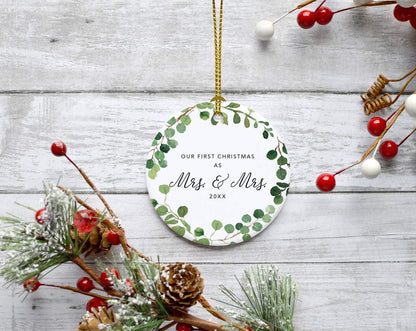 Andaz Press Custom Year Round Ceramic Porcelain Christmas Tree Ornament Keepsake Collectible Gift, Our First Christmas as Mrs. & Mrs. 2025, Farmhouse Eucalyptus Wreath, 1-PackLesbian Couple
