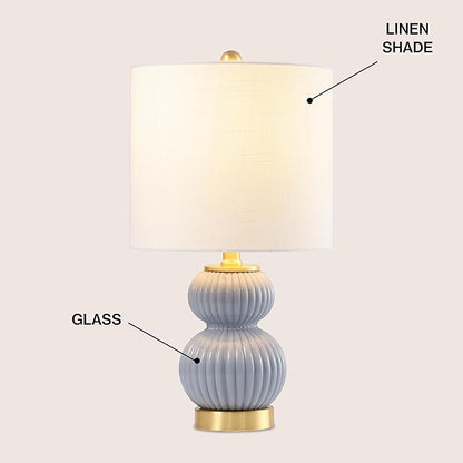 JONATHAN Y 20" Gray/Brass Gold Ribbed Gourd Glass Table Lamp, Modern Bedside Lamp for Bedroom Living Room, White Linen Drum Shade, LED Bulb Included (JYL1099C)