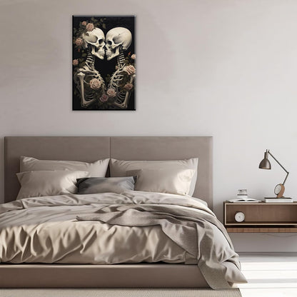 OAAPITI Vintage Skeleton Canvas Wall Art Gothic Painting Artwork Retro Rose Skull Art Poster Abstract Romantic Theme Picture Halloween Living Room Decor(Artwork-4,20"x30")