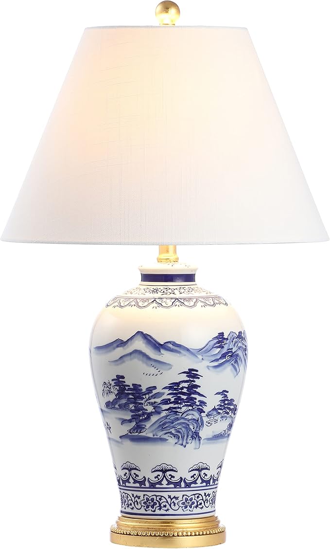 JONATHAN Y 26.5" Blue and White Ceramic Ginger Jar Table Lamp, Traditional Chinoiseries Landscape for Bedroom Living Room, White Linen Empire Shade, LED Bulb Included JYL6610A