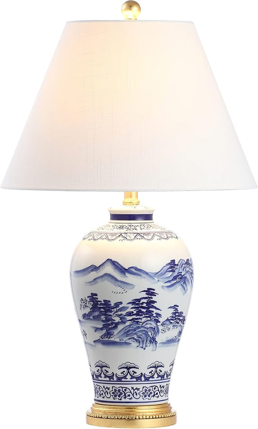 JONATHAN Y 26.5" Blue and White Ceramic Ginger Jar Table Lamp, Traditional Chinoiseries Landscape for Bedroom Living Room, White Linen Empire Shade, LED Bulb Included JYL6610A