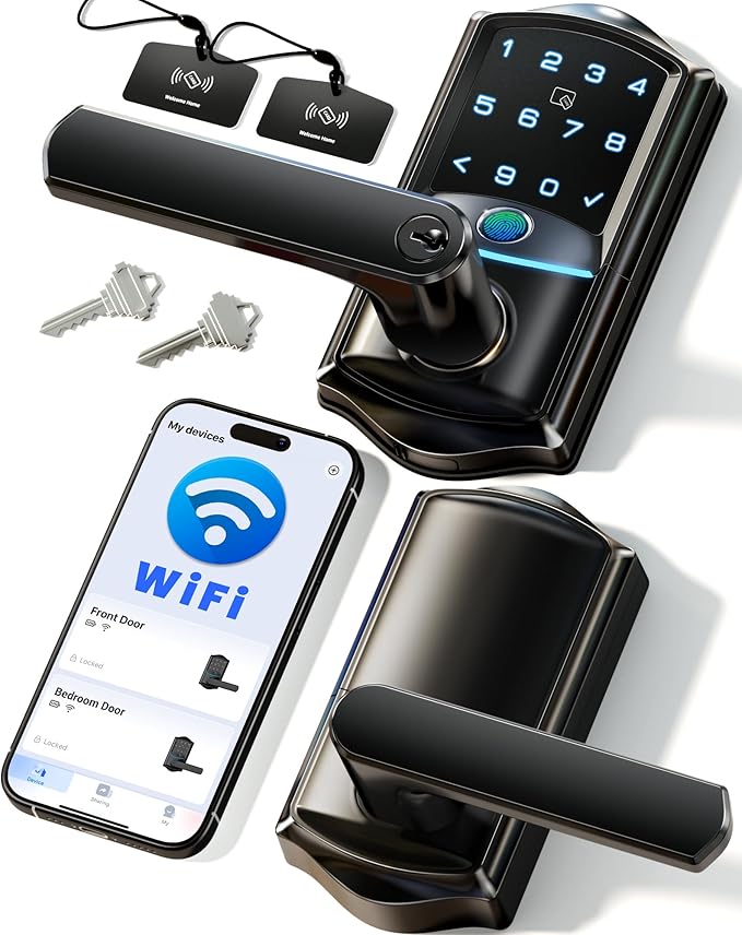 Veise VE029 WiFi Smart Lever Lock, Fingerprint Keyless Entry Door Lock with Handle, Built-in WiFi, Remote App Control, Electronic Digital Knob for Front Door and Bedroom, IP65 Waterproof, Matte Black