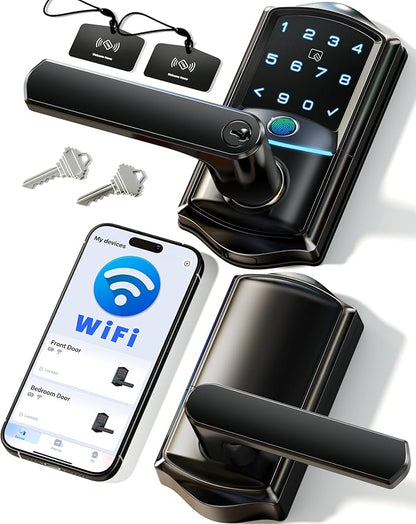 Veise VE029 WiFi Smart Lever Lock, Fingerprint Keyless Entry Door Lock with Handle, Built-in WiFi, Remote App Control, Electronic Digital Knob for Front Door and Bedroom, IP65 Waterproof, Matte Black