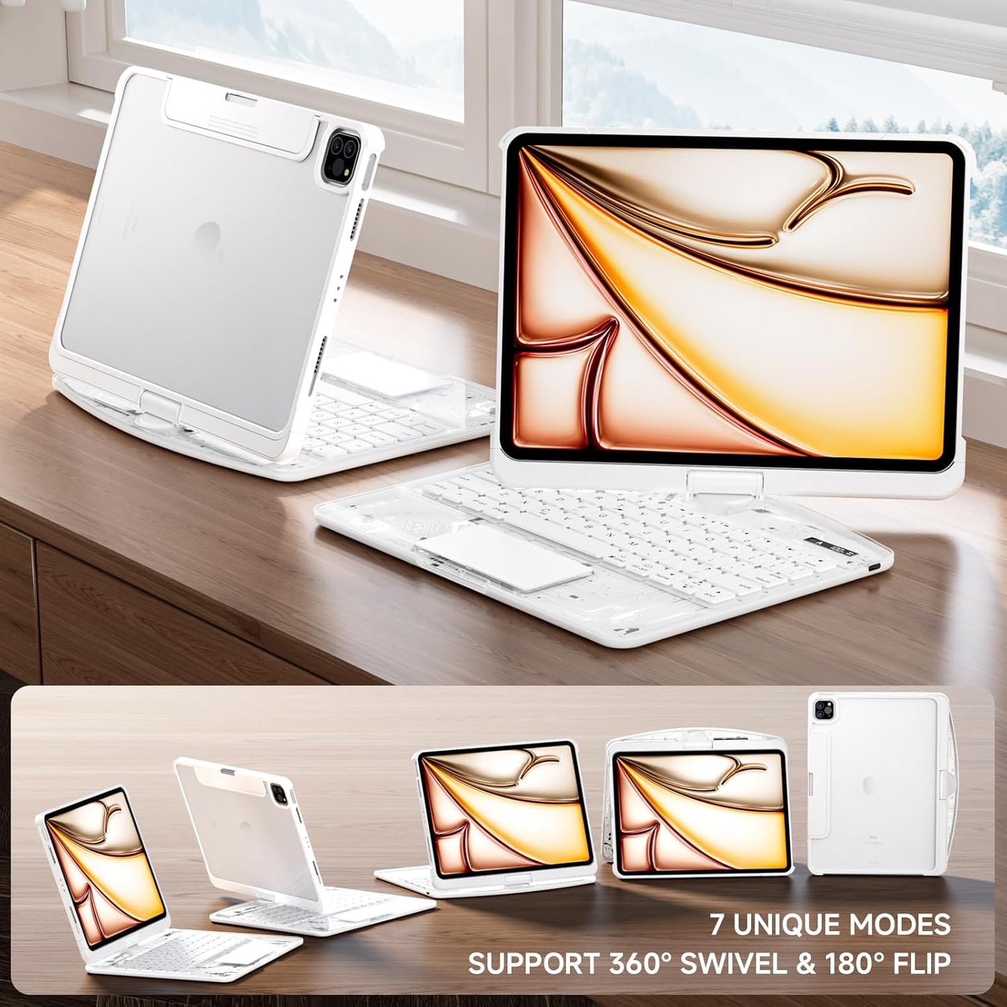Transparent Case with Keyboard for iPad Air 13 Inch (M3/M2, 2025/2024), iPad Pro 12.9 Inch (6/5/4/3 Gen),7-Color Backlit,Magic Wireless Keyboard, 360°Rotating,with trackpad,Pencil Holder,White