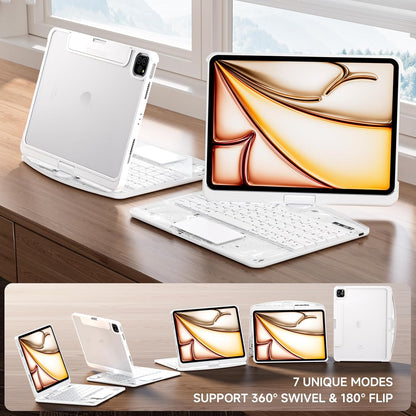 Transparent Case with Keyboard for iPad Air 13 Inch (M3/M2, 2025/2024), iPad Pro 12.9 Inch (6/5/4/3 Gen),7-Color Backlit,Magic Wireless Keyboard, 360°Rotating,with trackpad,Pencil Holder,White