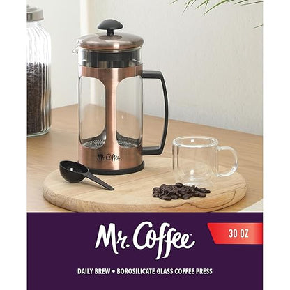 Mr. Coffee Daily Brew French Press Coffee Maker, 30-Ounce Glass Carafe with High Heat Resistant Durable Borasilicate Glass & Copper Metal Frame and Plunger, Includes Coffee Scoop