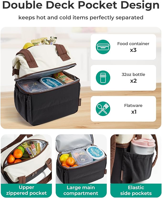 BAGSMART Double Deck Lunch Bag Women, Insulated Reusable Lunch Box, Quilted Puffer Lunch Tote with Shoulder Strap, Durable Large Lunch Cooler For Work Picnic Travel Meal Prep Flight, Camel