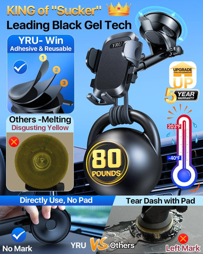 [2025 Upgrade Extreme Strong Suction] YRU Car Phone Holder Mount,[Bumpy Road Stable]Dashboard Cell Phone Holder for Car Vent Windshield Phone Stand for iPhone 16 15 14 13 Pro Max Samsung Truck, Black