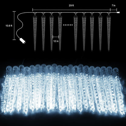 Brightown Christmas Meteor Shower Icicle Lights Outdoor, 30ft with 30 Tube 720 LED Dropping Effect, Waterproof Decorations for House Eave Roofline, Cool White