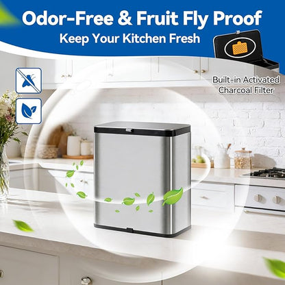Compost Bin Kitchen, 2.1 Gallon Stainless Steel Trash Can with Lid for Countertop or Under Sink, Hanging Small Trash Bin, Removable Inner Bucket, Built-in Charcoal Filter, 60 Compostable Garbage Bags