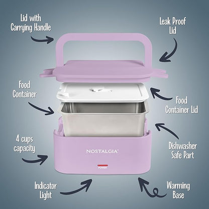 Nostalgia Portable Heated Lunch Box – 4-Cup Stainless Steel Food Warmer – Detachable Cord, Leak-Proof Lid, Carry Handle – Portable for Work & Travel – Lavender