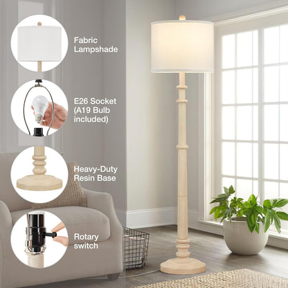 Floor Lamps for Living Room - 60" Resin Farmhouse Floor Lamp with 3 Color Temperatures - Vintage Standing Lamp Reading Light with Linen Shade Rustic Tall Lamp for Bedroom Office, Oatmeal Wash