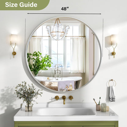 48 Inch Round Bathroom Mirror - Wall Mounted Circle Mirror with Metal Frame, Modern Mirror Suitable for Bathroom, Vanity, Entryway, Living Room, Wall Decor,Silver