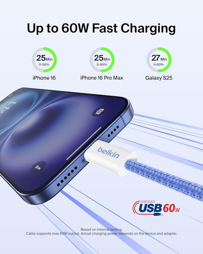 Belkin USB C to USB C Cable, 3.3ft, 60W - Type C Charger, iPhone Charger Cord, Soft, Braided, Flexible for iPhone 16, Galaxy S25, Pixel 9, Airpods, iPad Pro, Tablet & More, Travel Essentials - Blue