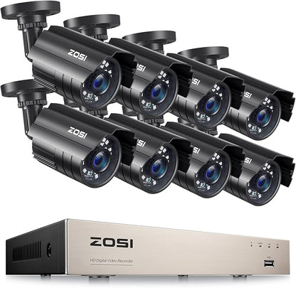 ZOSI 8CH 5MP Lite Security Camera System with AI Human Vehicle Detection, H.265 8 Channel CCTV DVR and 8 x 1080p 1920TVL Surveillance Metal Cameras Indoor Outdoor, Night Vision, Remote Access, No HDD