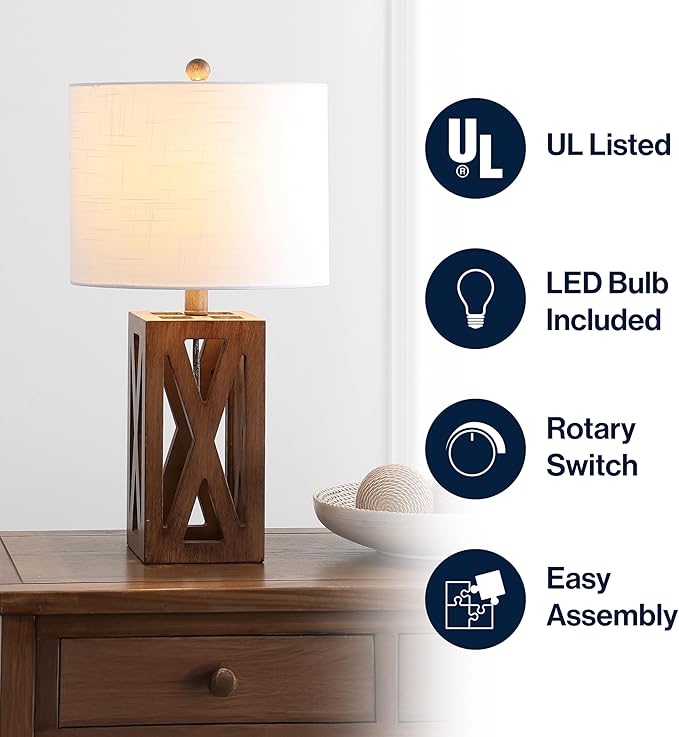 JONATHAN Y 21.5" Brown Farmhouse Wood Table Lamp for Bedside and Living Room, White Linen Drum Shade, Rustic Modern Desk Lamp for Bedroom, LED Bulb Included JYL1062A