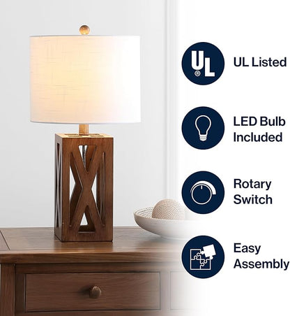 JONATHAN Y 21.5" Brown Farmhouse Wood Table Lamp for Bedside and Living Room, White Linen Drum Shade, Rustic Modern Desk Lamp for Bedroom, LED Bulb Included JYL1062A