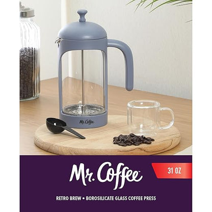 Mr. Coffee Retro Brew French Press Coffee Maker, 31-Ounce Glass Carafe with High Heat Resistant Durable Borasilicate Glass & Blue Frame and Plunger, Includes Coffee Scoop