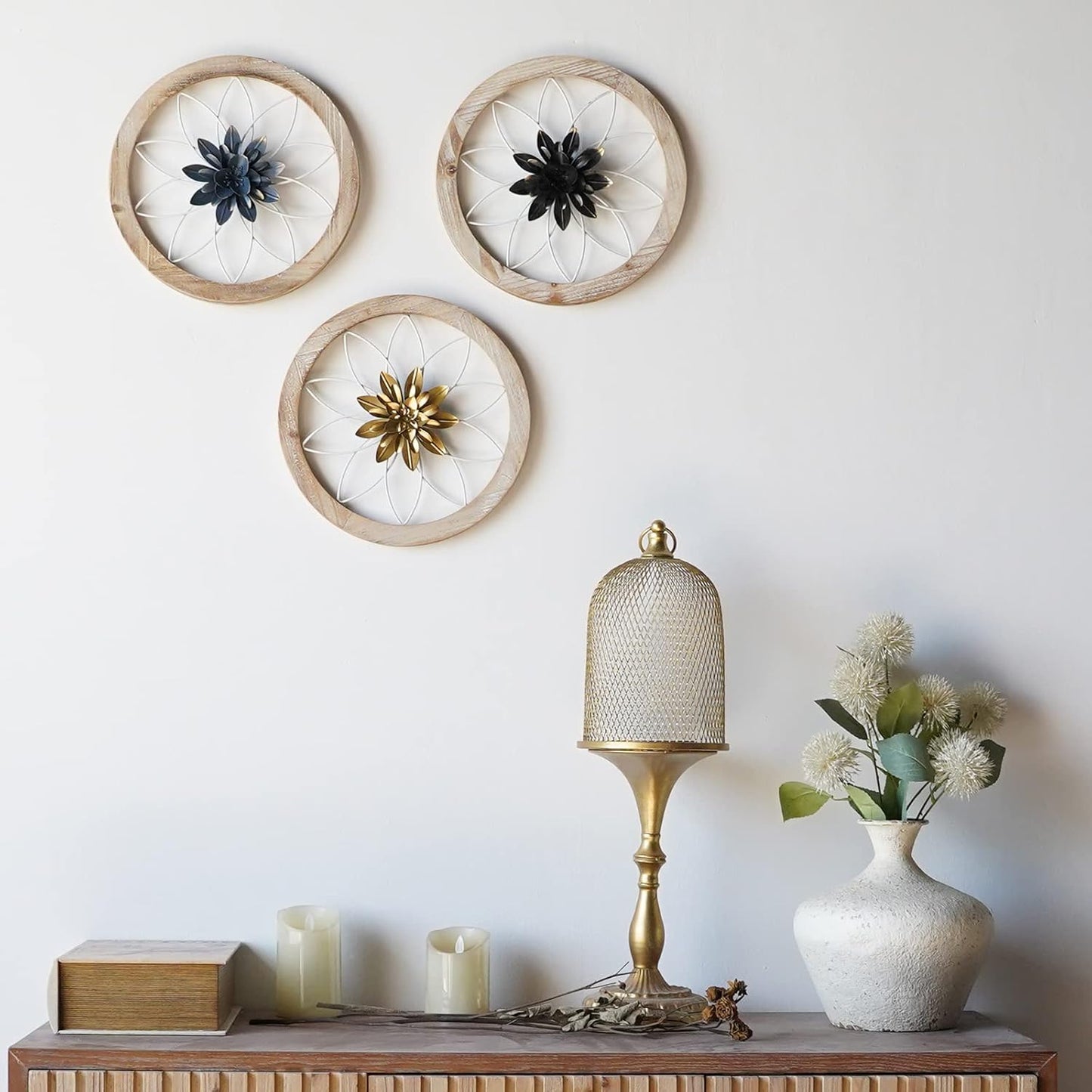Paquesta 3 Piece Round Farmhouse Wall Decor with 6 Piece Interchangeable Flowers 12'' Medallion Wood & Metal Rustic Wall Art for Living Room Bedroom Kitchen Bathroom Dining Room Home Decorations