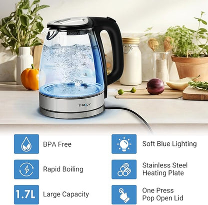 Glass Electric Kettle,1.7L Hot Water Boiler 1500W Fast Boiling with Auto-Shutoff and Boil-Dry Protection,LED Lights,Comfy Touch Handle Wide Opening Cordless Tea Heater for making Tea Coffee
