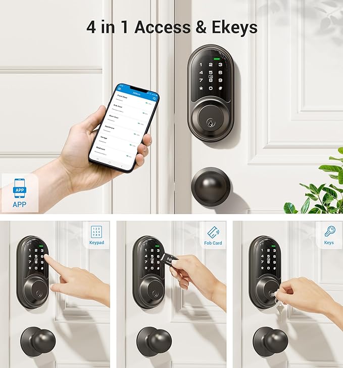 Veise RZ06C Smart Locks for Front Door, 2 Knob Handle Set, Keyless Entry Deadbolt, App Control, Electronic Touchscreen Digital Keypad, Auto Lock, Easy Installation, IP54 Waterproof, Matte Black