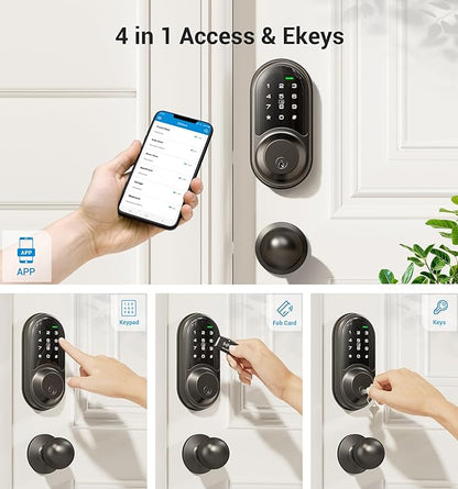 Veise RZ06C Smart Locks for Front Door, 2 Knob Handle Set, Keyless Entry Deadbolt, App Control, Electronic Touchscreen Digital Keypad, Auto Lock, Easy Installation, IP54 Waterproof, Matte Black