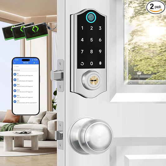 Harfo Fingerprint Smart Door Locks for Front Door with Handle Set, App Control, Keyless Entry Door Lock Keypad Deadbolt, Bluetooth Digital Electronic Touchscreen, Easy Install, Auto Lock, Satin Nickel