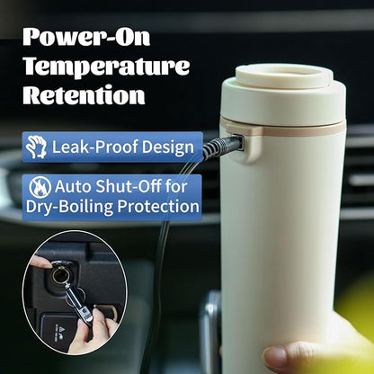 Car Electric Kettle 12V/24V Dual Voltage, Protable Travel Electric Kettle, Small Water Boiler with 4 Temp Control, 316 Stainless Steel,16oz(Beige