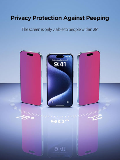 Compatible for iPhone 15 Pro Max Privacy Screen Protector Tempered Glass 6.7 Inch, Pink Gradient Anti Spy Anti Blue Light HD Easy Installation