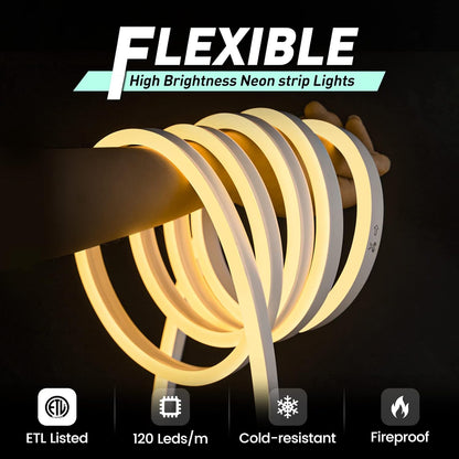 GZBtech Flexible LED Neon Rope Lights 50FT,AC 110-120V Waterproof Strip Light, 120 LEDs/M Cuttable Connectable Neon Lighting for Indoor Outdoor Home Decor/Commercial Building Use-Warm White 15M