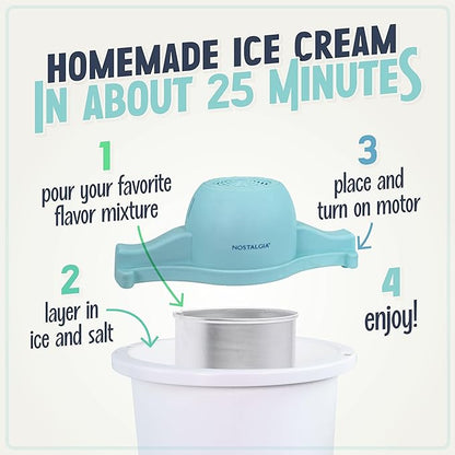 Nostalgia Electric Ice Cream Maker – Parlor Style, Old Fashioned Soft Serve Ice Cream Machine Makes Frozen Yogurt or Gelato in Minutes - Fun Kitchen Appliance – Blue & White - 6 Quart