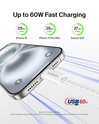 Belkin USB C to USB C Cable 2-Pack, 9.9ft, 60W - Type C Charger, iPhone Charger Cord, Soft, Braided, Flexible for iPhone 16, Galaxy S25, Pixel 9, Airpods, iPad Pro & More, Travel Essentials - White
