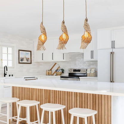 3-Light Modern Rattan Kitchen Island Pendant – Handmade Boho Ceiling Lamp – Spiral Woven Farmhouse Lighting 24" Wide