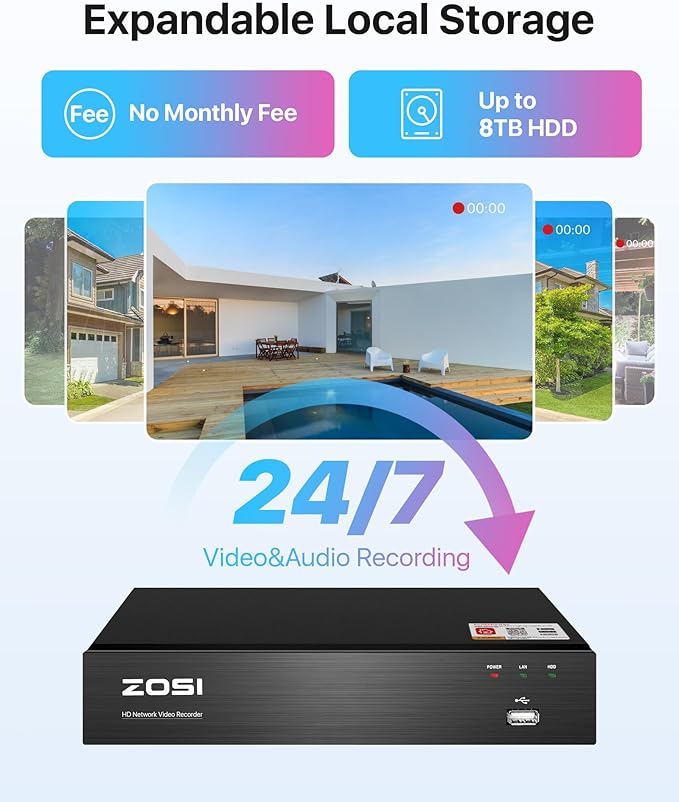 ZOSI 8CH 4K PoE Home Security Camera System, 8 Ports 16CH 8MP NVR with 2TB HDD, 4pcs 5MP Outdoor PoE IP Cameras, 120ft Night Vision, Motion Detection, Remote Access, for 24/7 Recording