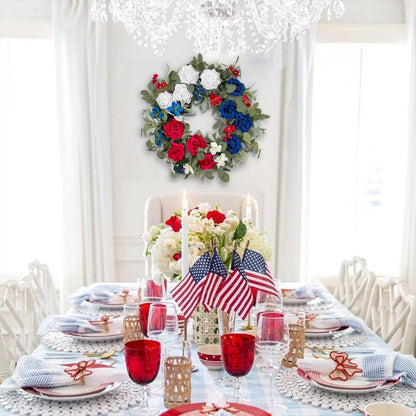 WANNA-CUL Patriotic Wreath Decorations, 24 Inch Rose 4th of July Wreaths for Front Door, Red White Blue Spring Door Wreath for Independence Day, Memorial Day for Indoor Outdoor Decor