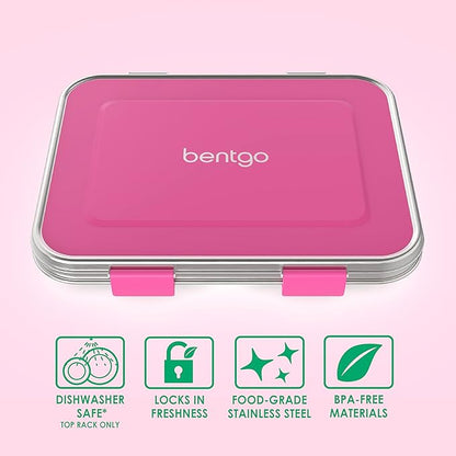 Bentgo Kids Stainless Steel Leak-Resistant Lunch Box - 3-Compartments with Bonus Silicone Container, Durable, Eco-Friendly, Dishwasher Safe, BPA-Free, Ideal for School, Ages 3+ (Fuchsia)